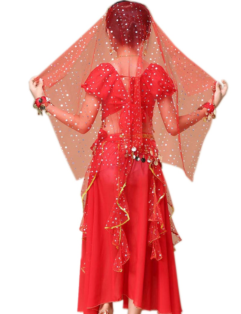 Astage Girl Belly Dance Sequin Indian Dance Costume Halloween Wear Red S(6Y-8Y) - Image 3